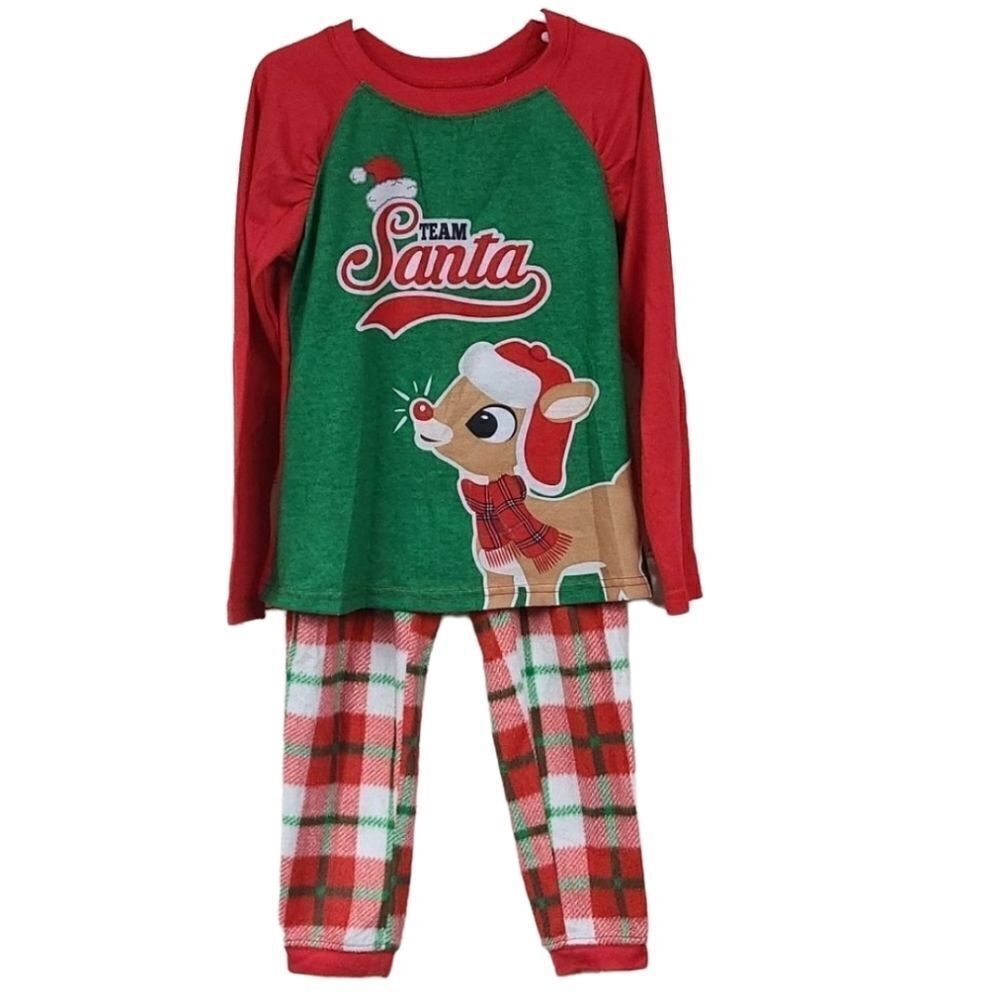 Rudolph Girls Holiday Pajamas 2pc Red Plaid Fleece Sleep Set Festive 6/6X PJs